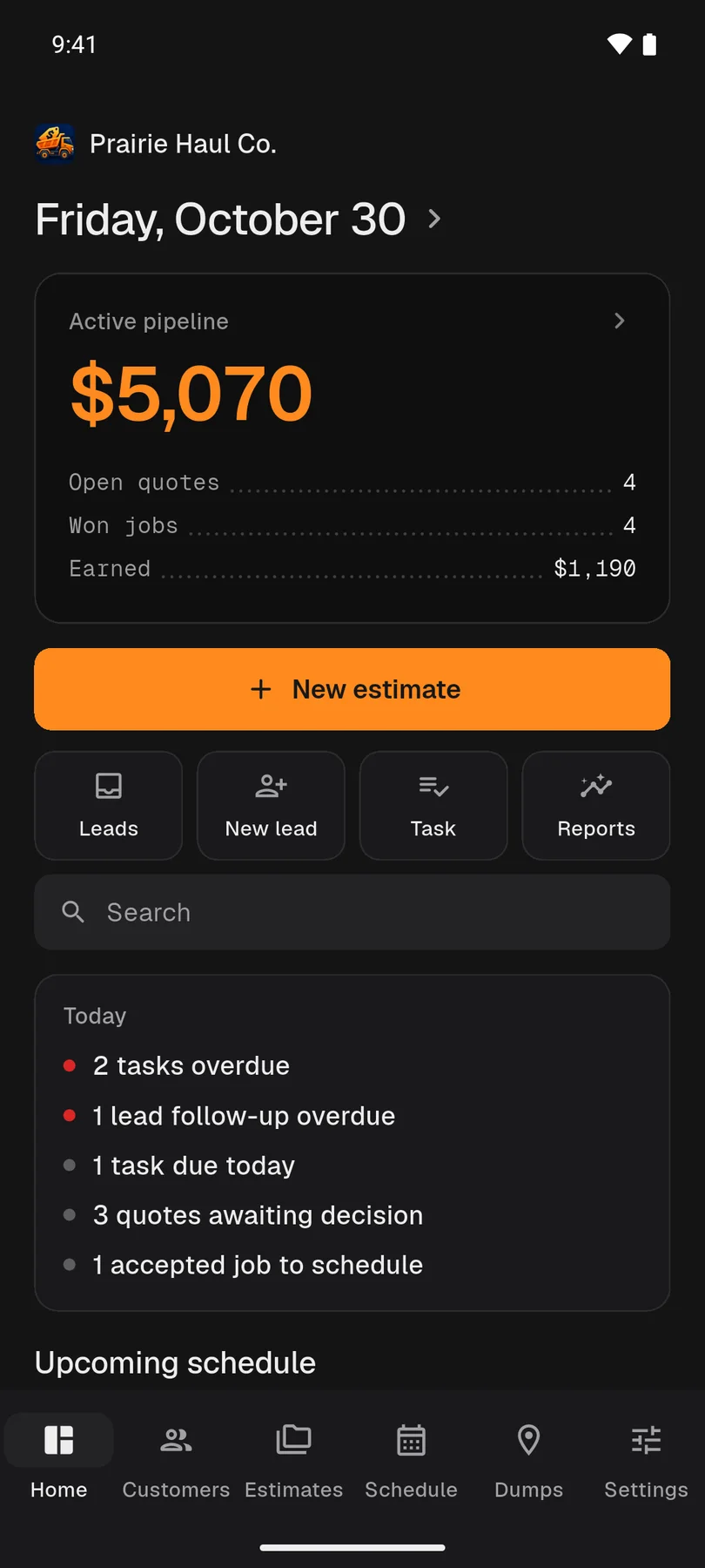 HaulPricer home screen in dark mode